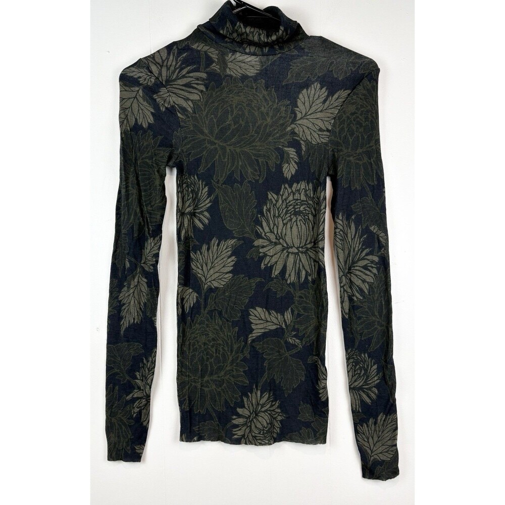 COS Women's Blouse Turtleneck Top Merino Wool Green Floral Small Stretch Luxe - Picture 3 of 9